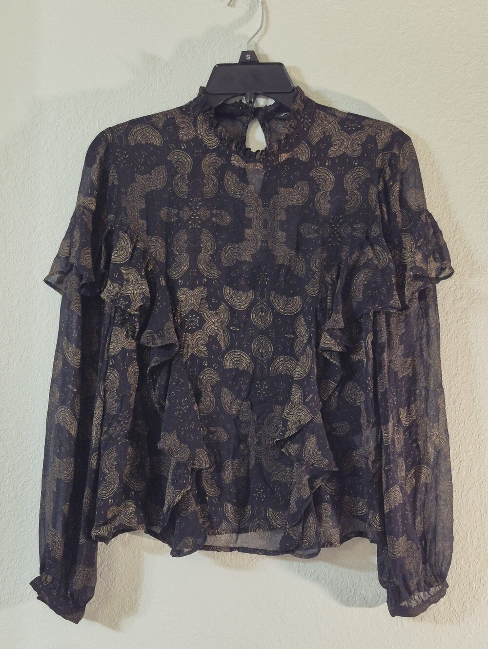 Lucky Brand Black Blouse with Metallic Gold Paisley Ruffle Details